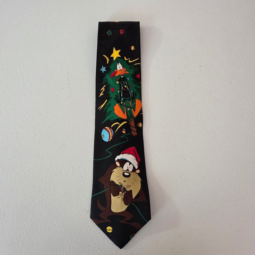 Looney Tunes Tie Mens OS Black Christmas Taz Daffy Duck Holiday Novelty RN 73469